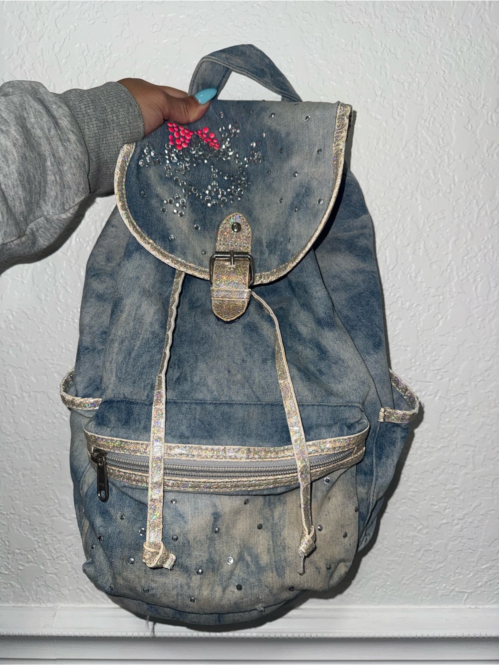 Justice Denim Blue Rhinestone Drawstring Backpack with Holographic Trim